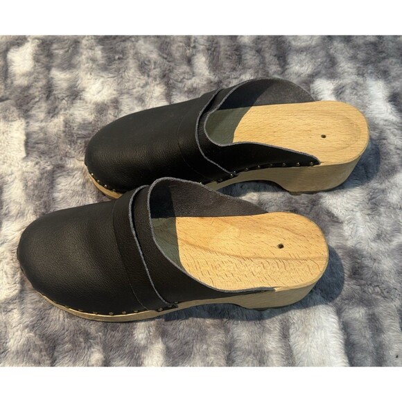 Black  Swedish Design Clogs Vollsjo Suede Leather Wooden Size EU 39/US 8 - Picture 5 of 8